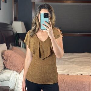 Adrianna Papell Metallic Mustard Yellow V-Neck Top | XS